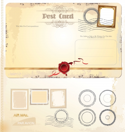 Vintage postcard and postage stamps - for wedding design, invitation, congratulation, scrapbookのイラスト素材