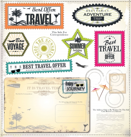Post stamp, Summer holiday and travel time labelのイラスト素材