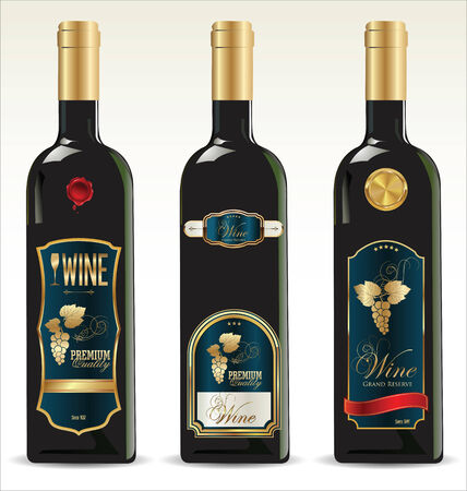 Black bottles for wine with gold and blue labelsのイラスト素材