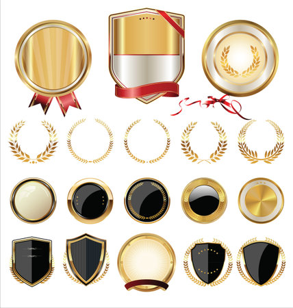 Golden shields, laurels and medals collectionのイラスト素材