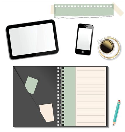 Top view of working place elements on white backgroundのイラスト素材