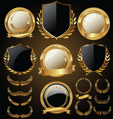 Vector medieval golden shields laurel wreaths and badges collectionのイラスト素材