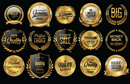 Golden sale shields laurel wreaths and badges collectionのイラスト素材