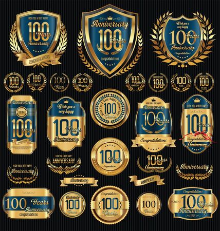 Anniversary golden shields laurel wreaths and badges collectionのイラスト素材