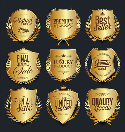 Gold and silver shields laurel wreaths and badges collectionのイラスト素材