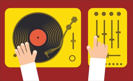 Turntable and mixer with dj hands modern music flat concept vector illustrationのイラスト素材