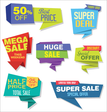 Modern origami sale stickers and tags collection illustration.のイラスト素材