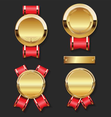 Golden Award medal with red ribbons collectionのイラスト素材