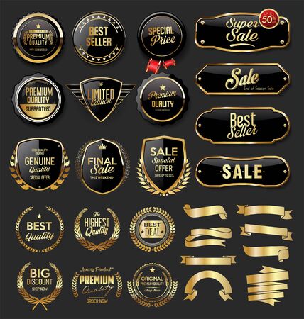 Gold and black badges and labels