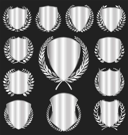 Silver shields collection on black backgroundのイラスト素材