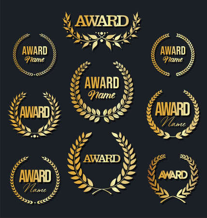 Collection of award sign with laurel wreath on black background.のイラスト素材