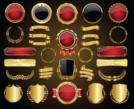 Collection of Golden badges labels laurels shield and metal platesのイラスト素材