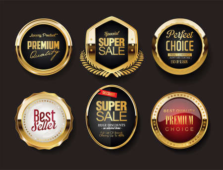 Collection of golden badges labels laurels and ribbonsのイラスト素材