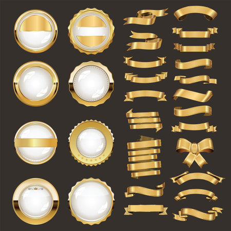 A collection of various gold ribbons badges and labels illustrationのイラスト素材