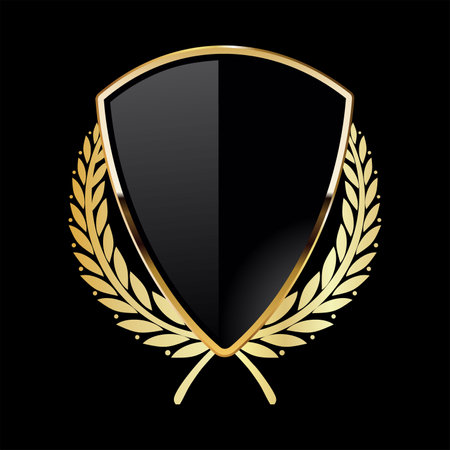 Black shield with golden laurel wreath on black backgroundのイラスト素材