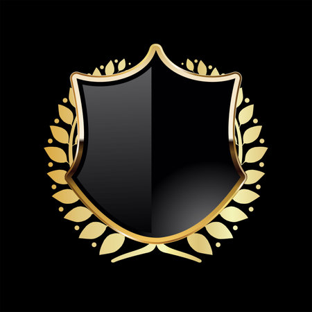 Black shield with golden laurel wreath on black backgroundのイラスト素材