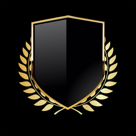 Black shield with golden laurel wreath on black backgroundのイラスト素材