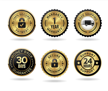 Shopping badge of free shipping warranty money back and satisfactionのイラスト素材