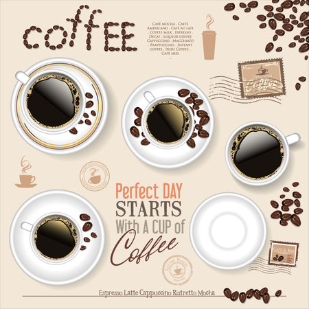 Realistic Ceramic White Coffee Mug and coffee beans vector collectionのイラスト素材