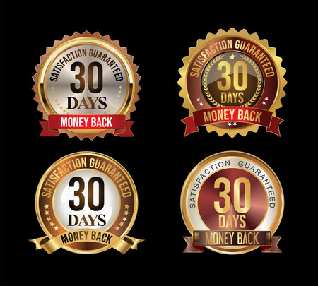 Customer satisfaction guaranteed golden badge on black backgroundのイラスト素材