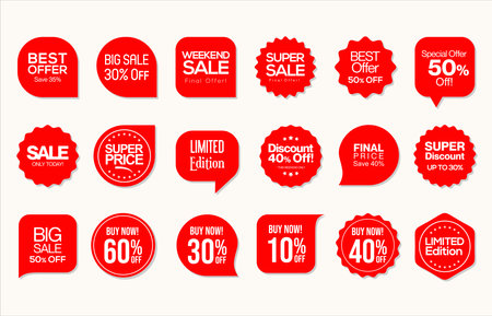 Set of red Sale badges tags and labels design vector illustrationのイラスト素材