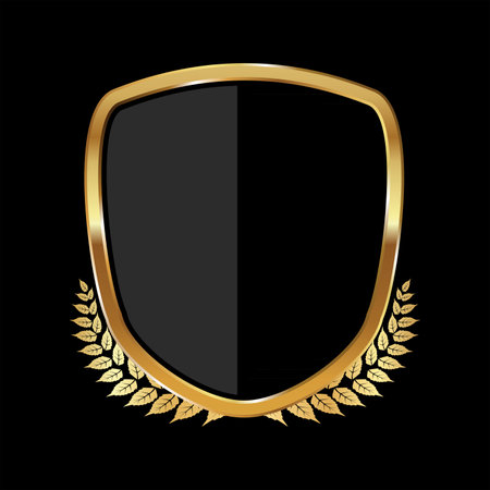 Golden shield with laurel wreath on black background. Vector illustrationのイラスト素材