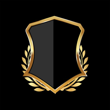 Golden shield with laurel wreath on black background. Vector illustration.のイラスト素材