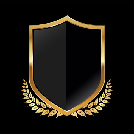 Golden shield with laurel wreath on black background. Vector illustrationのイラスト素材