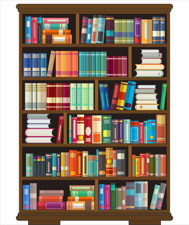 books on bookshelves in flat design style vector illustrationのイラスト素材