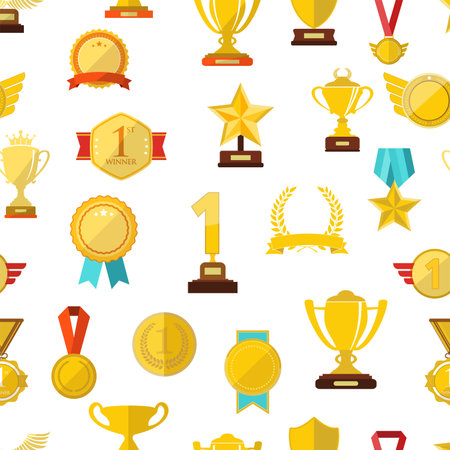 Sports trophies and awards in flat design style seamless background vector illustrationのイラスト素材