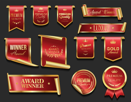 Golden luxury labels and badges gold and red premium quality certificate ribbons vector illustrationのイラスト素材