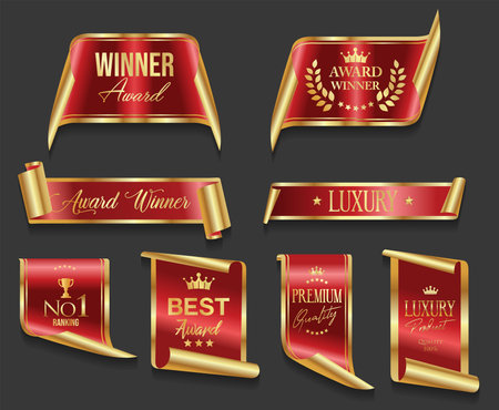 Set of premium quality golden labels with ribbons. Vector illustration.のイラスト素材