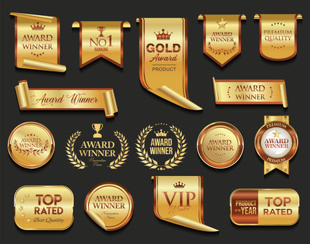 Set of premium quality golden badges and ribbons. Vector illustration.のイラスト素材