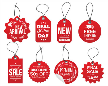 Set of red sale labels and tags isolated on white background. Vector illustration.のイラスト素材