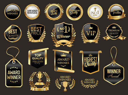 VIP, premium and gold award emblem badges and ribbon blue and gold isolated on gray backgroundのイラスト素材