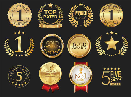 Award Winner emblem collection of gold laurel wreath and badges and labels isolated on black backgroundのイラスト素材