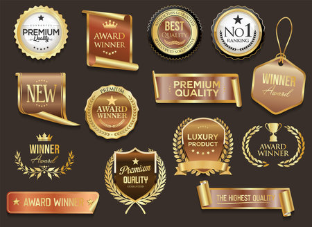 Anniversary golden badges and labels collection - vector graphic design elements.のイラスト素材