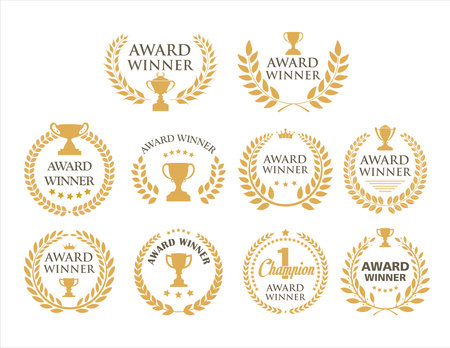 Gold award badges with laurel wreaths, five stars, crowns and trophies symbols. Golden award winner emblemsのイラスト素材