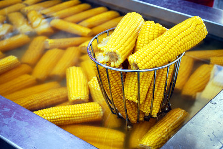 many fresh hot corn cobs on market stall