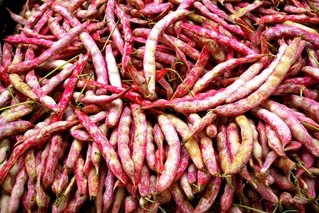 many red string beans on a market stallの写真素材