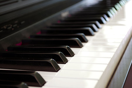 close-up  of black and white keys of a piano with shallow focus