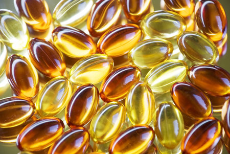 macro of red and golden translucent capsules 