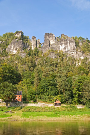 elbe sandstone mountains in germany with elbe riverの写真素材