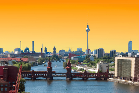 berlin skyline aerial view with river spree and oberbaumbrueckeのeditorial素材