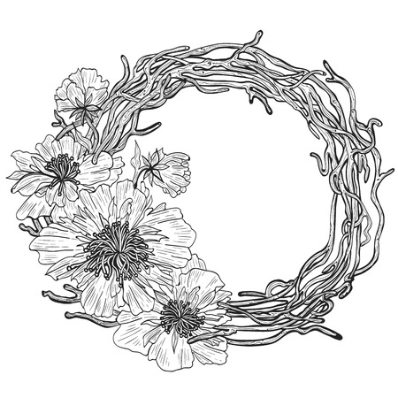 Wreath of flowers and twings. Flowering plant.のイラスト素材