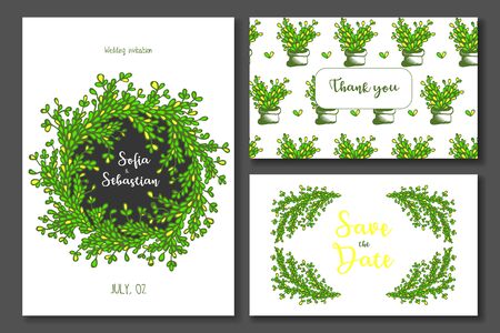 Yellow green wedding invitation. Wedding invitation card template with yellow green floral background. Vector illustration.のイラスト素材