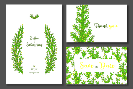 Yellow green wedding invitation. Wedding invitation card template with yellow green floral background. Vector illustration.のイラスト素材
