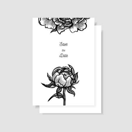 Save the date, wedding invitation card template with peonies. Vector illustration.のイラスト素材