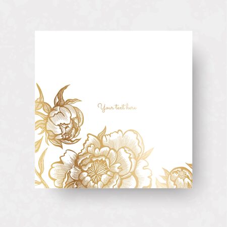 Gold flowers and leaves of peonies. Vector elements for design template. Ornate decor for invitations, wedding greeting cards, certificate, labels.のイラスト素材