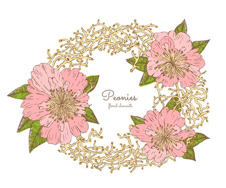 Wreath with blooming peonies and sprigs. Isolated on white background. Wreath in vintage style.のイラスト素材